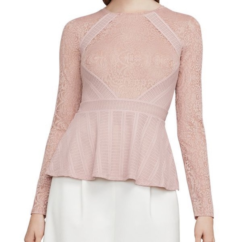 BCBGMaxAzria Capri Blush Pink Lace Peplum Long-Sleeve Top